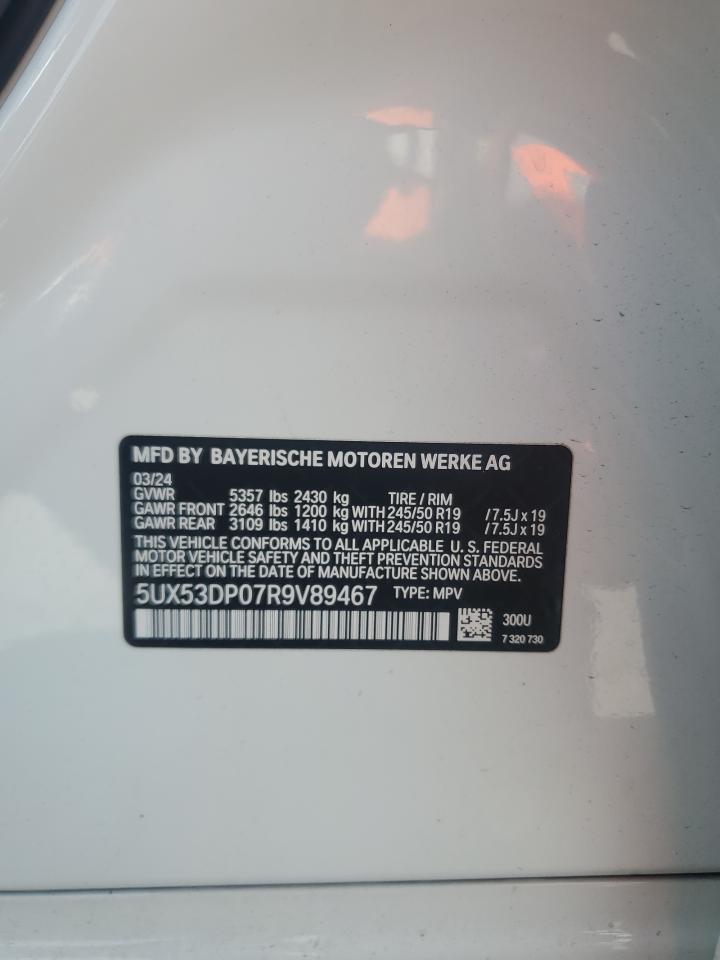 2024 BMW X3 VIN 5UX53DP07R9V89467 Copart auction photo, side / front end damage thumbnail 13