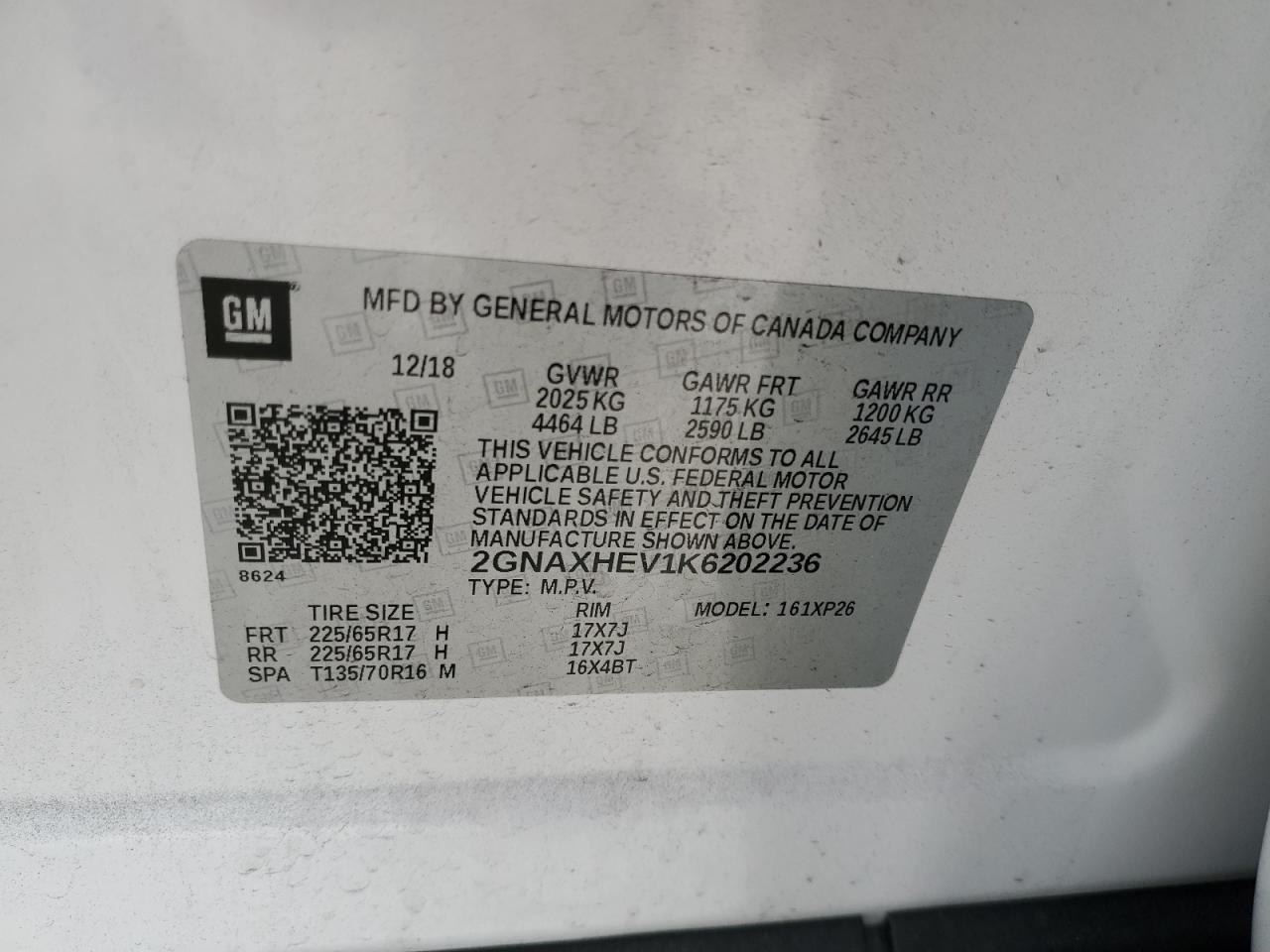 2019 Chevrolet Equinox VIN 2GNAXHEV1K6202236 Copart auction photo, biohazard/chemical / front end damage thumbnail 14