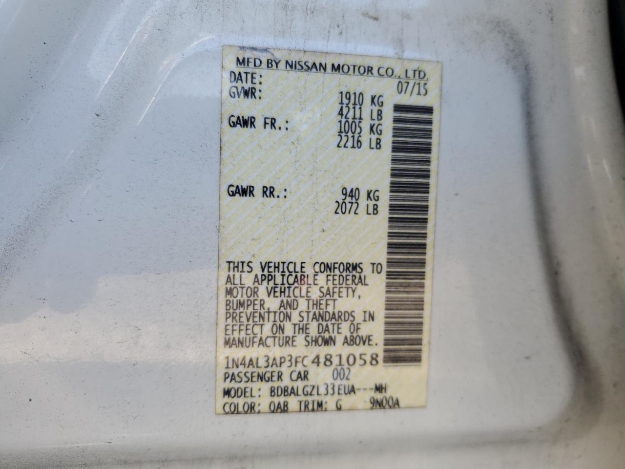 2015 Nissan Altima VIN 1N4AL3AP3FC481058 Copart auction photo, front end damage thumbnail 12