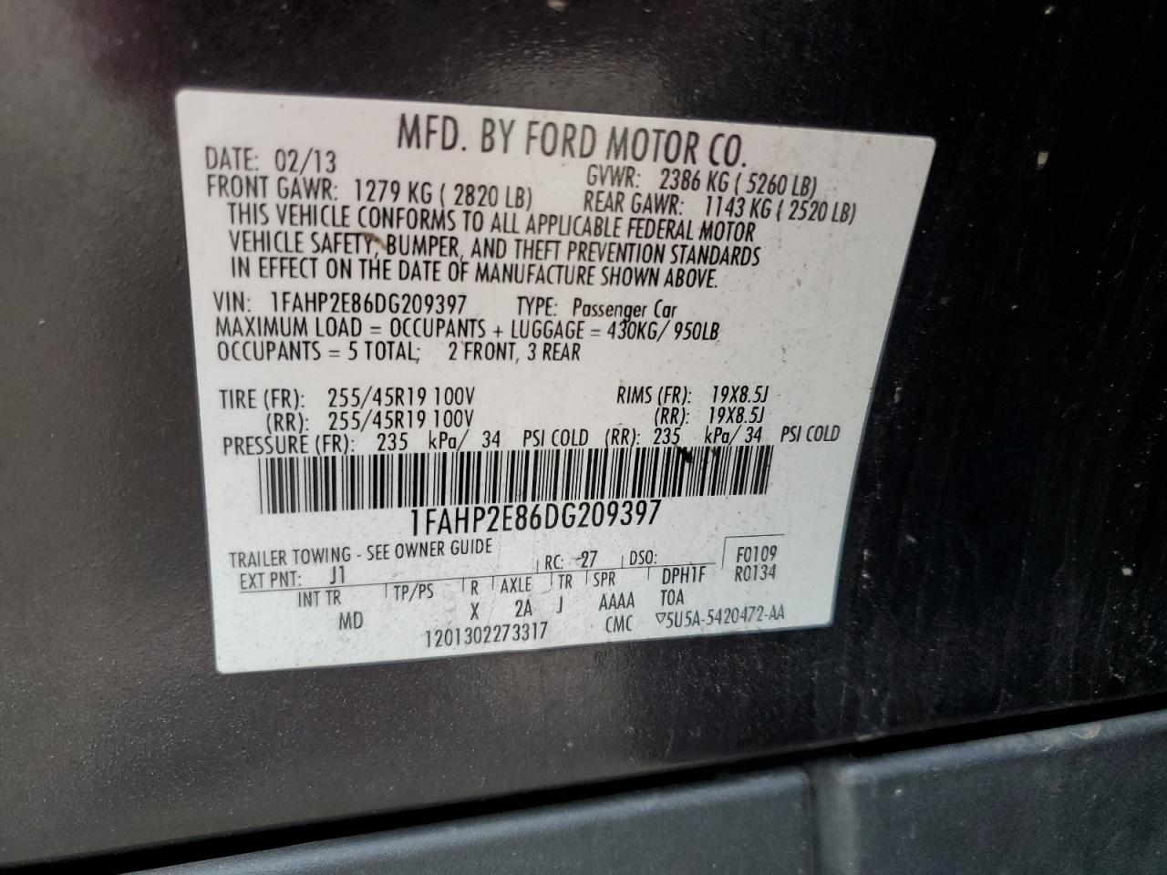 2013 Ford Taurus VIN 1FAHP2E86DG209397 Copart auction photo, rear end / minor dent/scratches damage thumbnail 13