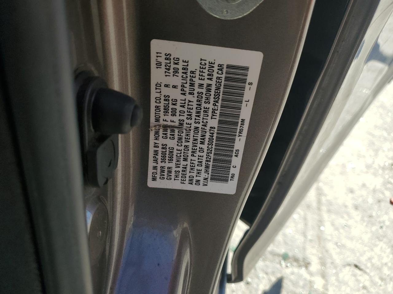 2012 Honda Civic VIN JHMFB2F52CS004478 Copart auction photo, all over damage thumbnail 13