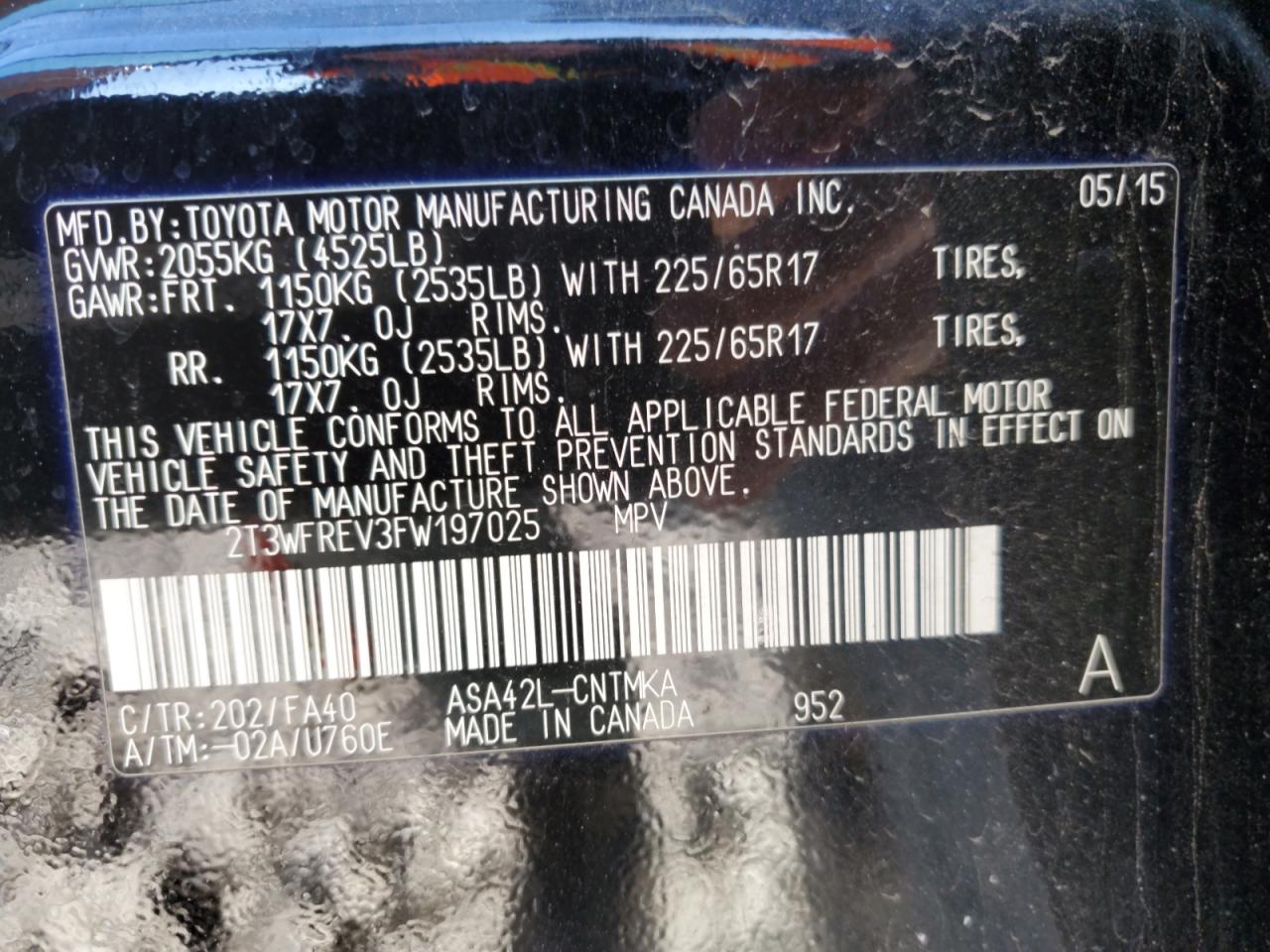2015 Toyota RAV 4 VIN 2T3WFREV3FW197025 Copart auction photo, front end damage thumbnail 14