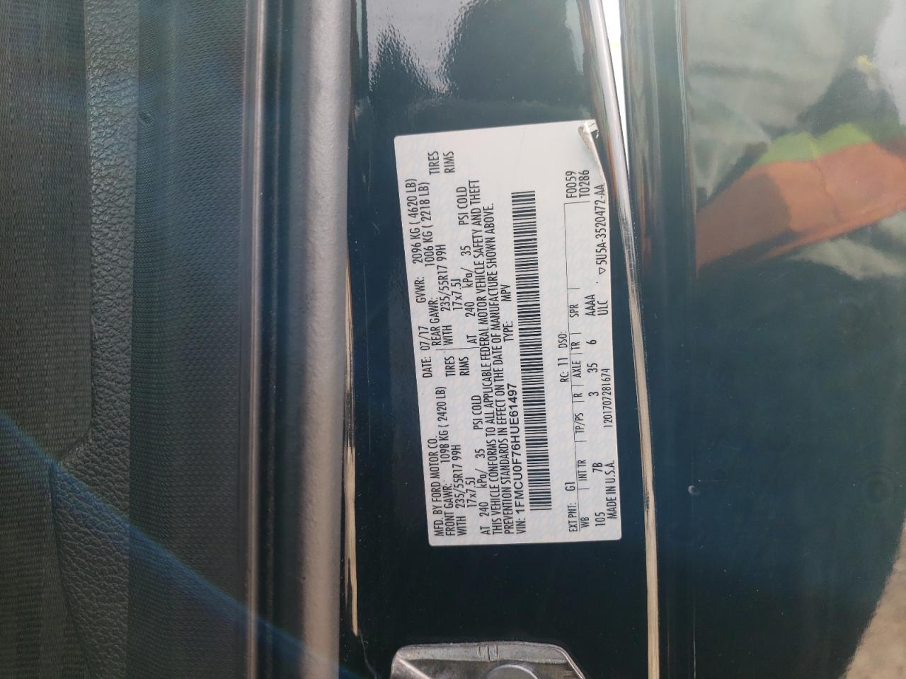 2017 Ford Escape VIN 1FMCU0F76HUE61497 Copart auction photo, side damage thumbnail 15