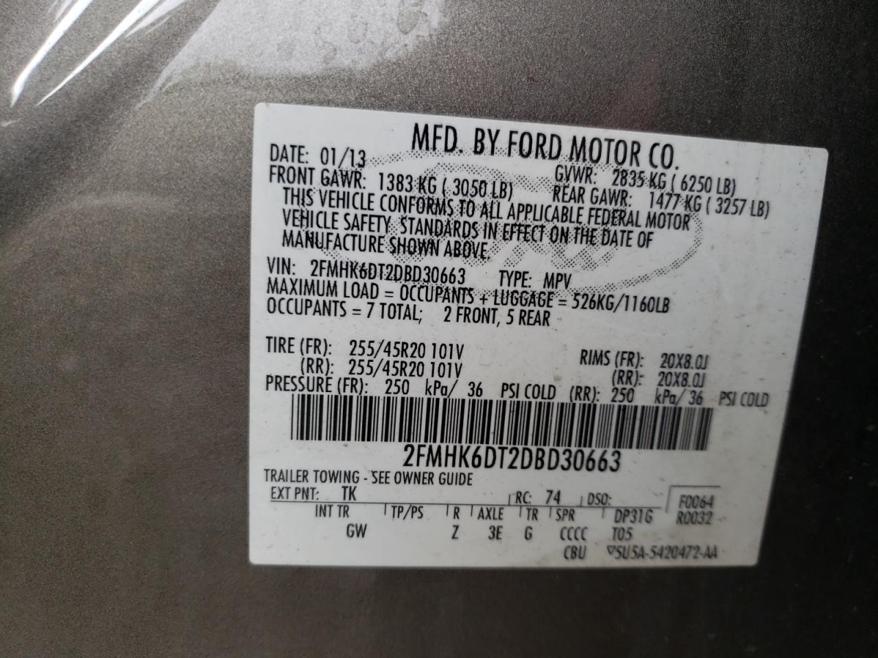 2013 Ford Flex VIN 2FMHK6DT2DBD30663 Copart auction photo, side damage thumbnail 13