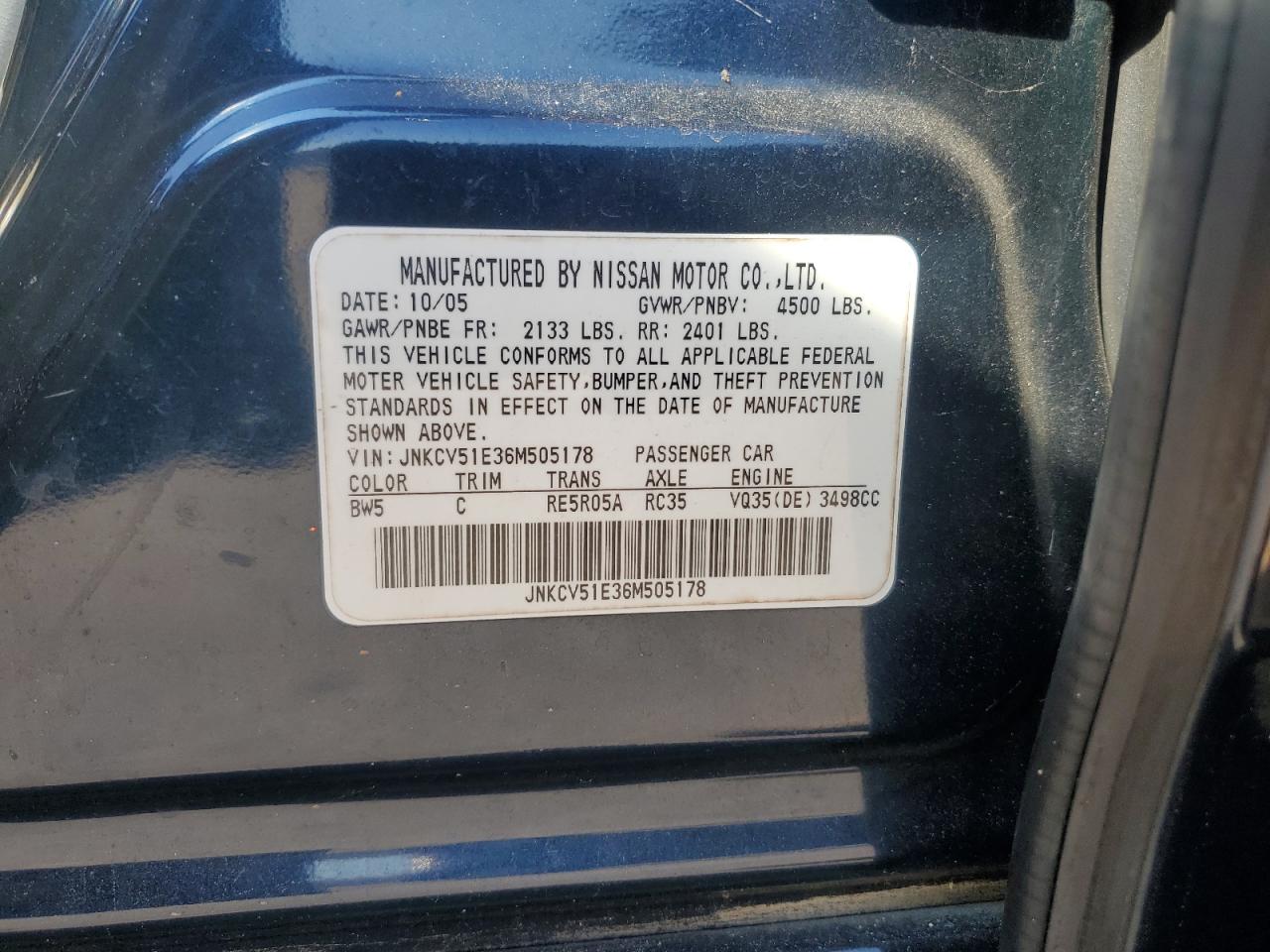 2006 Infiniti G VIN JNKCV51E36M505178 Copart auction photo, front end / rear end damage thumbnail 12
