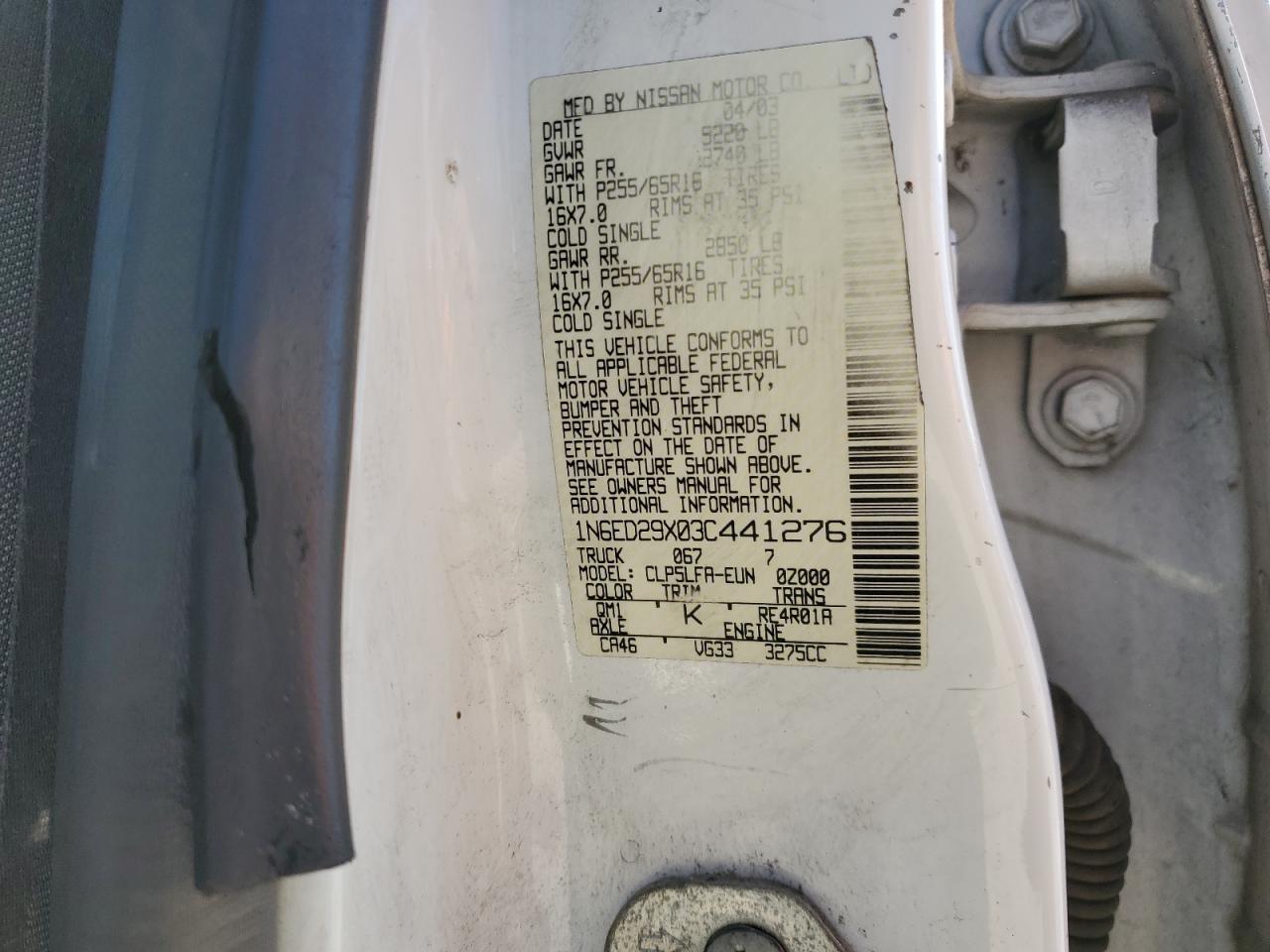 2003 Nissan Navara (Frontier) VIN 1N6ED29X03C441276 Copart auction photo, all over damage thumbnail 12