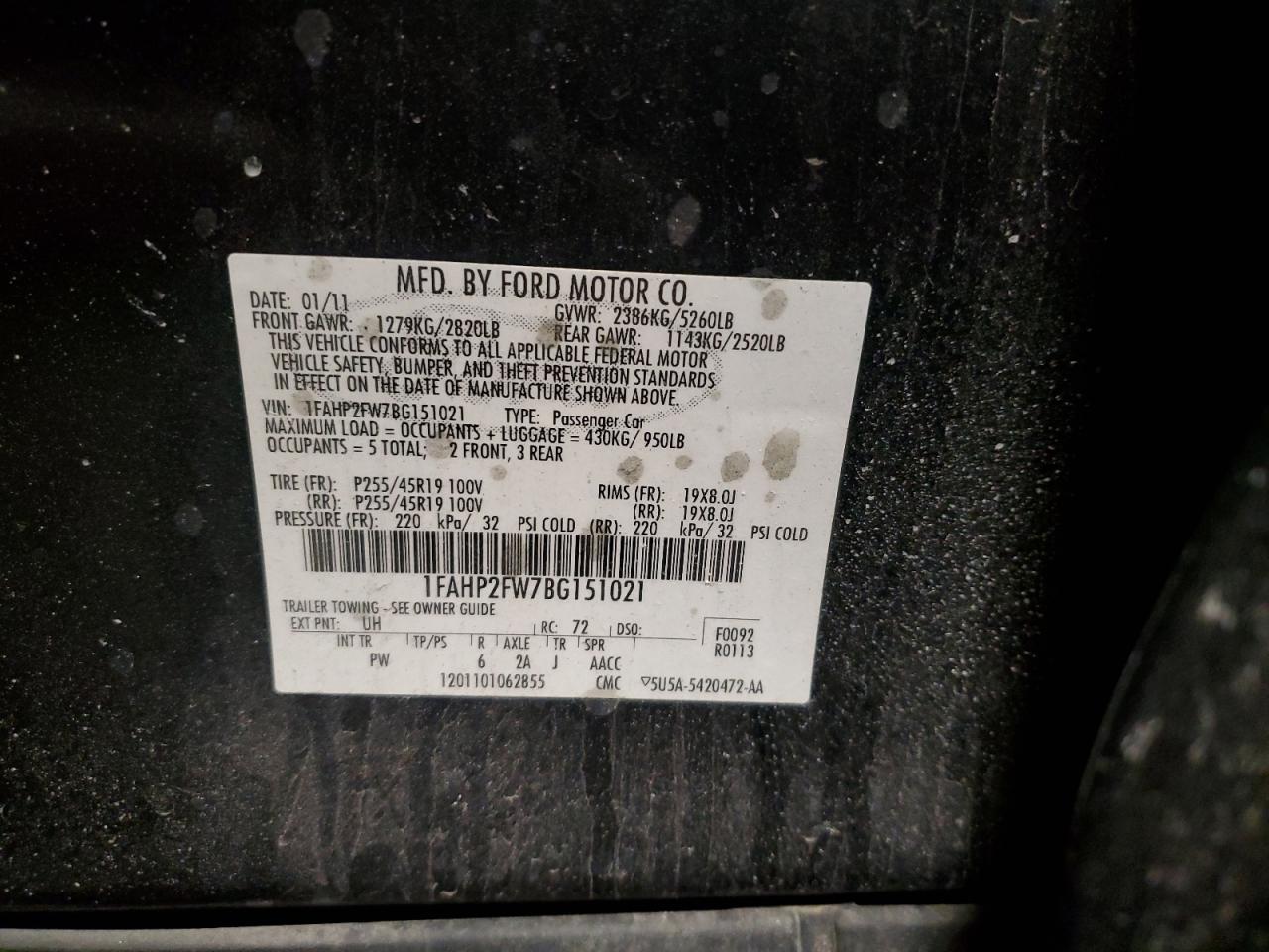 2011 Ford Taurus VIN 1FAHP2FW7BG151021 Copart auction photo, all over / undercarriage damage thumbnail 14