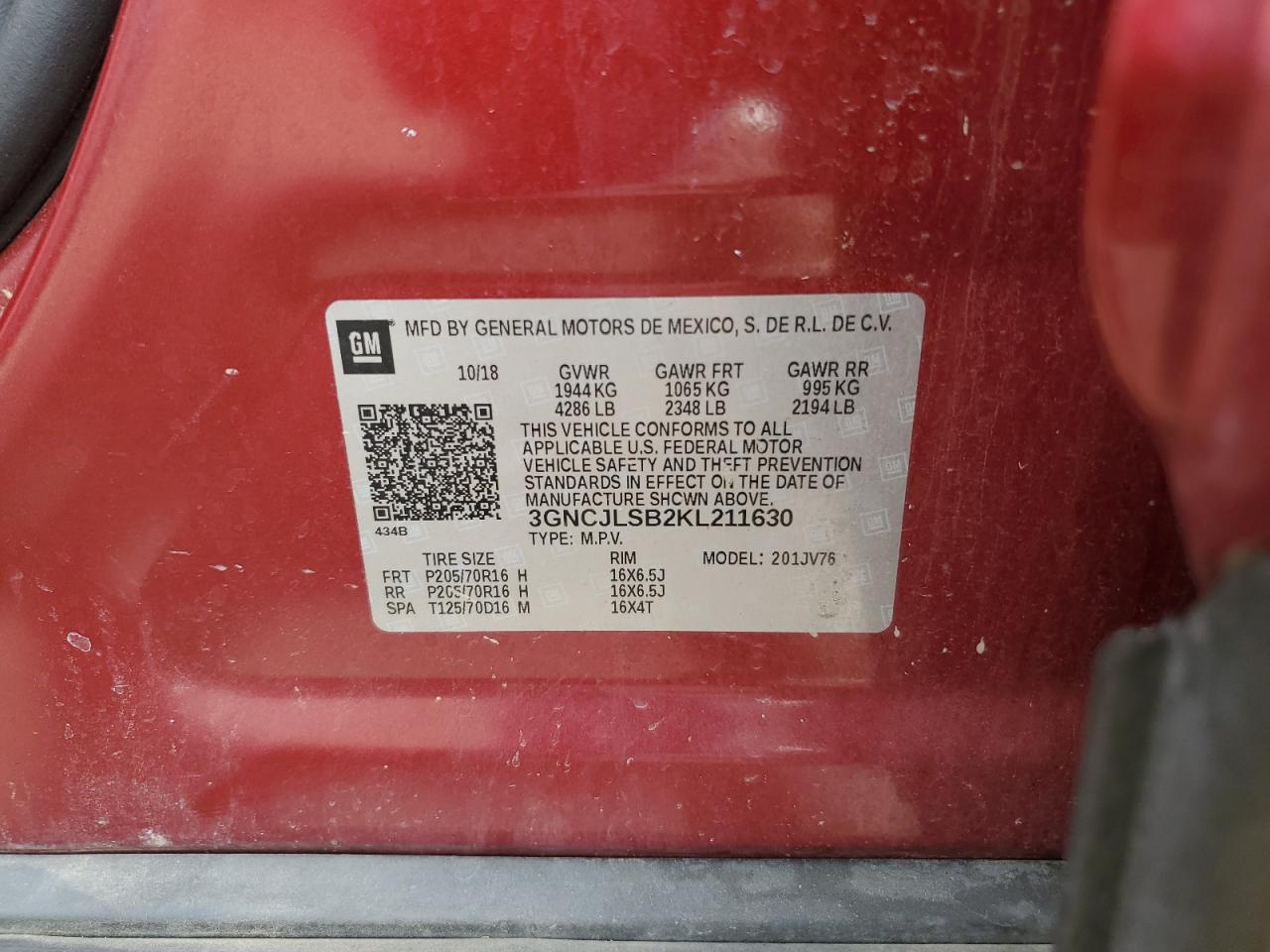 2019 Chevrolet Trax VIN 3GNCJLSB2KL211630 Copart auction photo, rear end damage thumbnail 13