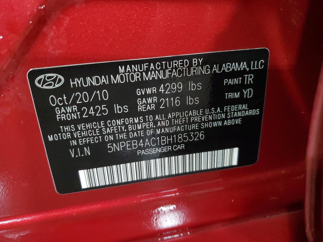 2011 Hyundai Sonata VIN 5NPEB4AC1BH185326 Copart auction photo, rear end damage thumbnail 12