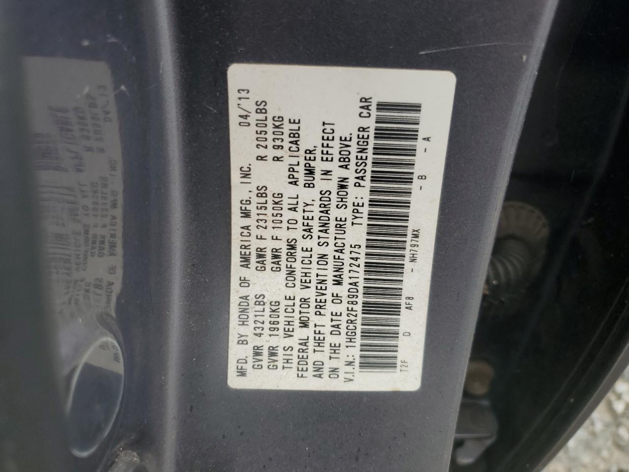 2013 Honda Accord VIN 1HGCR2F89DA172475 Copart auction photo, water/flood damage thumbnail 13