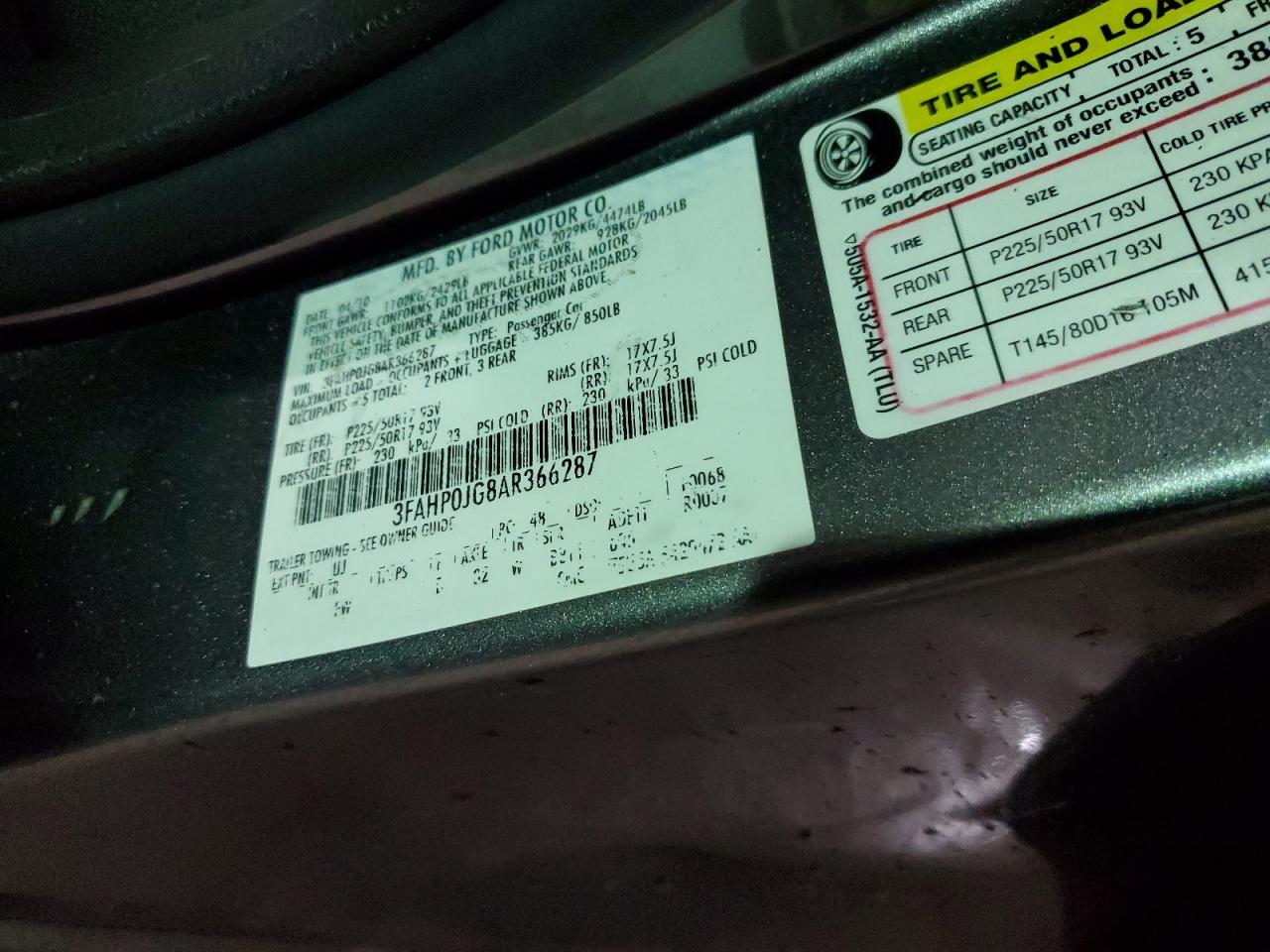 2010 Ford Fusion VIN 3FAHP0JG8AR366287 Copart auction photo, side / front end damage thumbnail 13