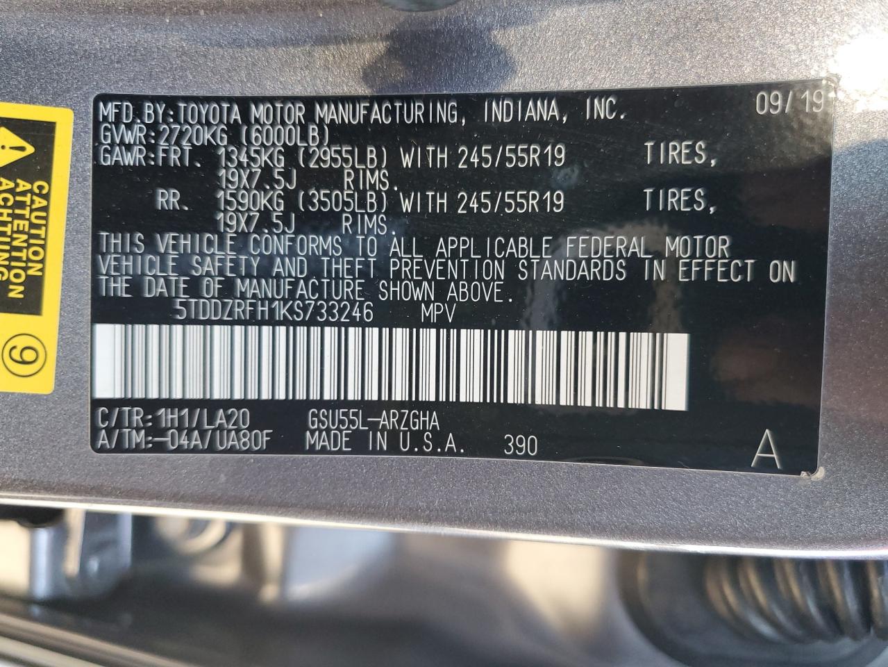 2019 Toyota Highlander VIN 5TDDZRFH1KS733246 Copart auction photo, front end / minor dent/scratches damage thumbnail 15