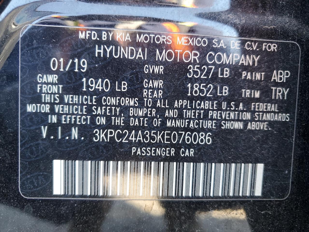 2019 Hyundai Accent VIN 3KPC24A35KE076086 Copart auction photo, front end / rear end damage thumbnail 12