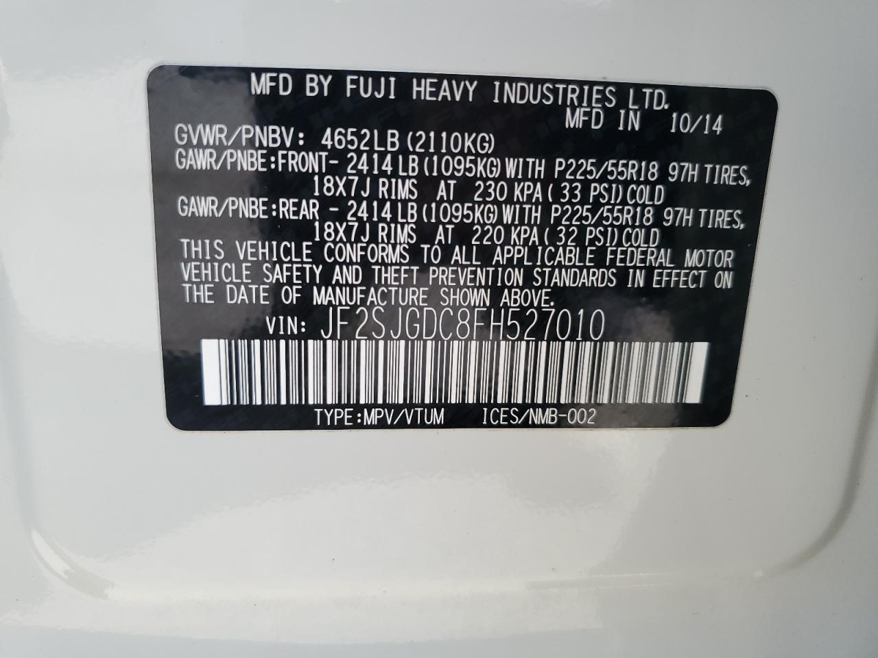 2015 Subaru Forester VIN JF2SJGDC8FH527010 Copart auction photo, front end damage thumbnail 12