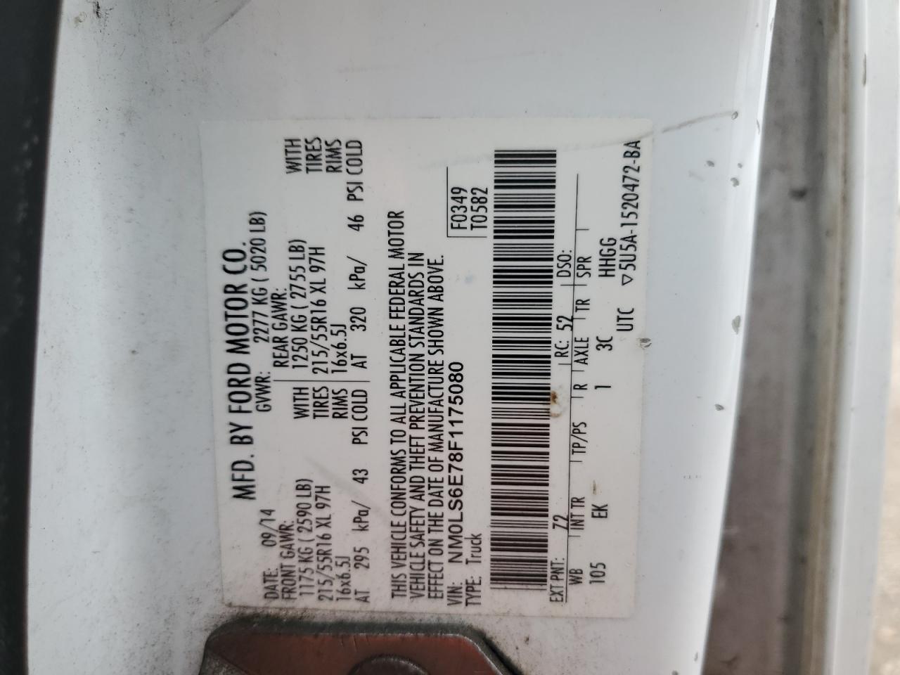 2015 Ford Transit VIN NM0LS6E78F1175080 Copart auction photo, front end / minor dent/scratches damage thumbnail 13