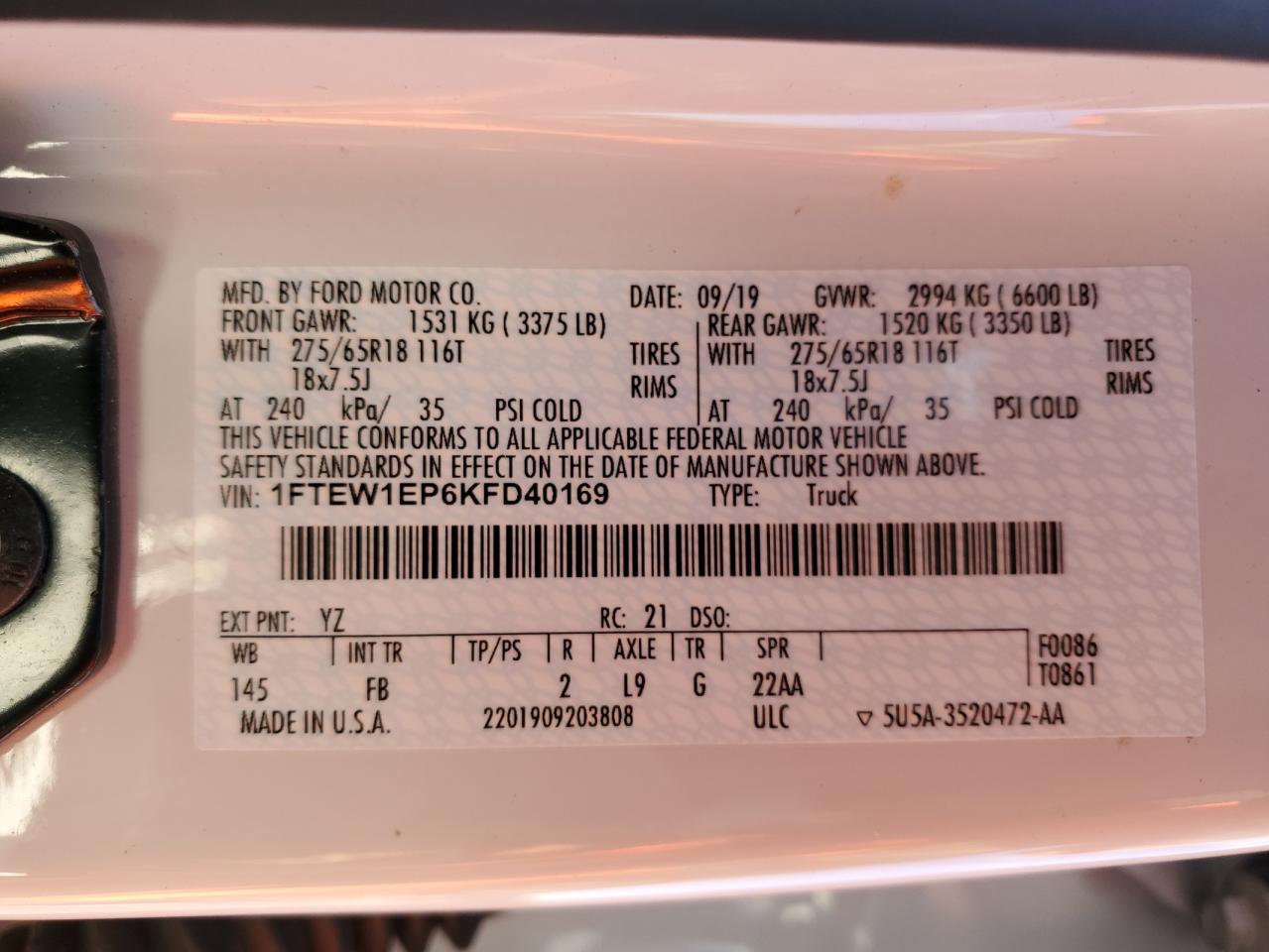 2019 Ford F-150 VIN 1FTEW1EP6KFD40169 Copart auction photo, all over damage thumbnail 12