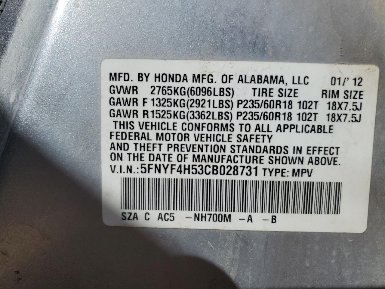 2012 Honda Pilot VIN 5FNYF4H53CB028731 Copart auction photo, all over damage thumbnail 16