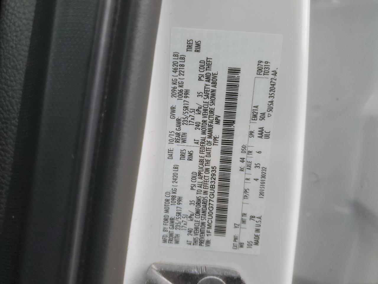 2016 Ford Escape VIN 1FMCU0G77GUB32935 Copart auction photo, front end / rear end damage thumbnail 15