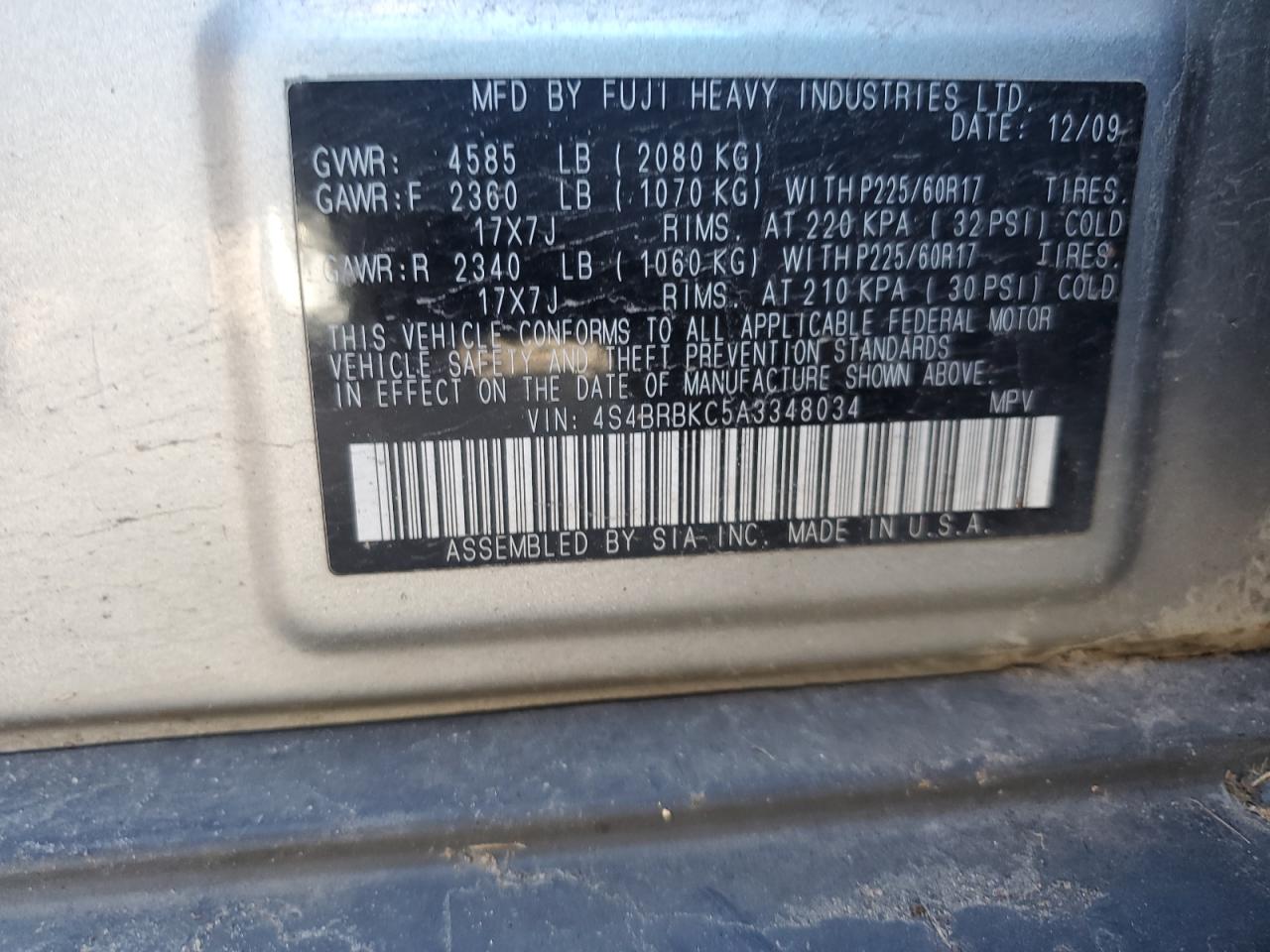 2010 Subaru Outback VIN 4S4BRBKC5A3348034 Copart auction photo, front end damage thumbnail 12