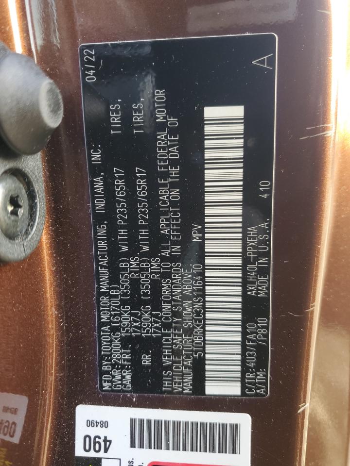 2022 Toyota Sienna VIN 5TDBRKEC3NS116410 Copart auction photo, all over / undercarriage damage thumbnail 14