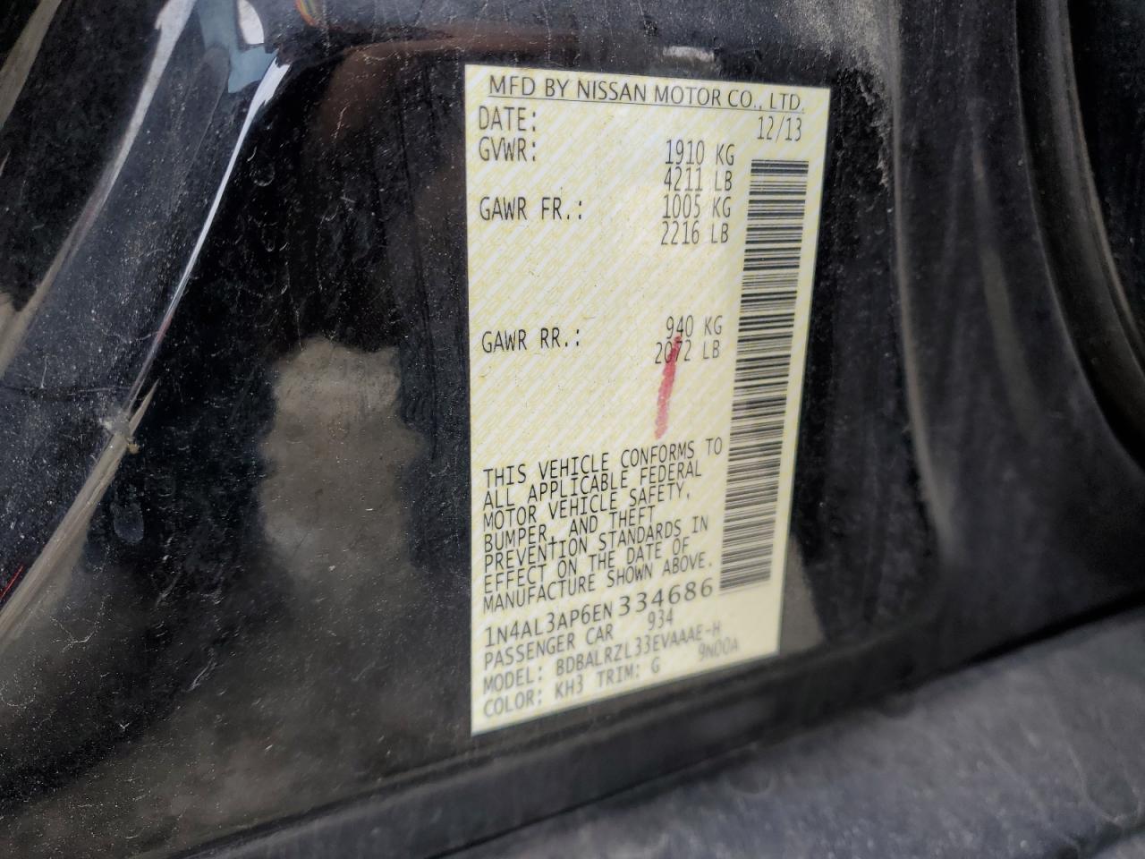 2014 Nissan Altima VIN 1N4AL3AP6EN334686 Copart auction photo, side damage thumbnail 12