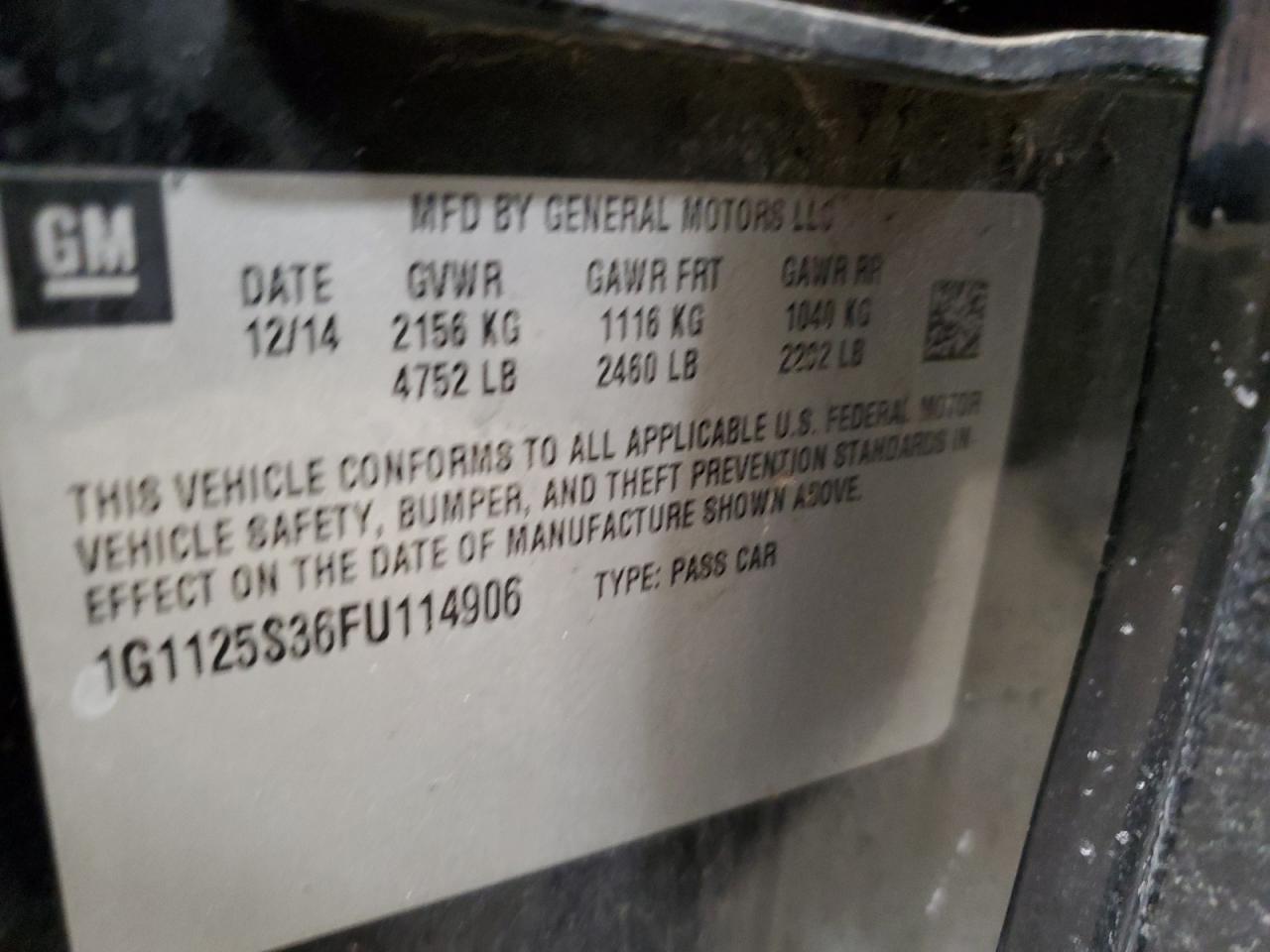 2015 Chevrolet Impala VIN 1G1125S36FU114906 Copart auction photo, front end damage thumbnail 13