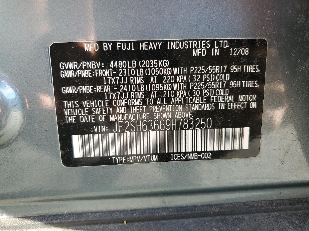 2009 Subaru Forester VIN JF2SH63669H783250 Copart auction photo, front end damage thumbnail 13