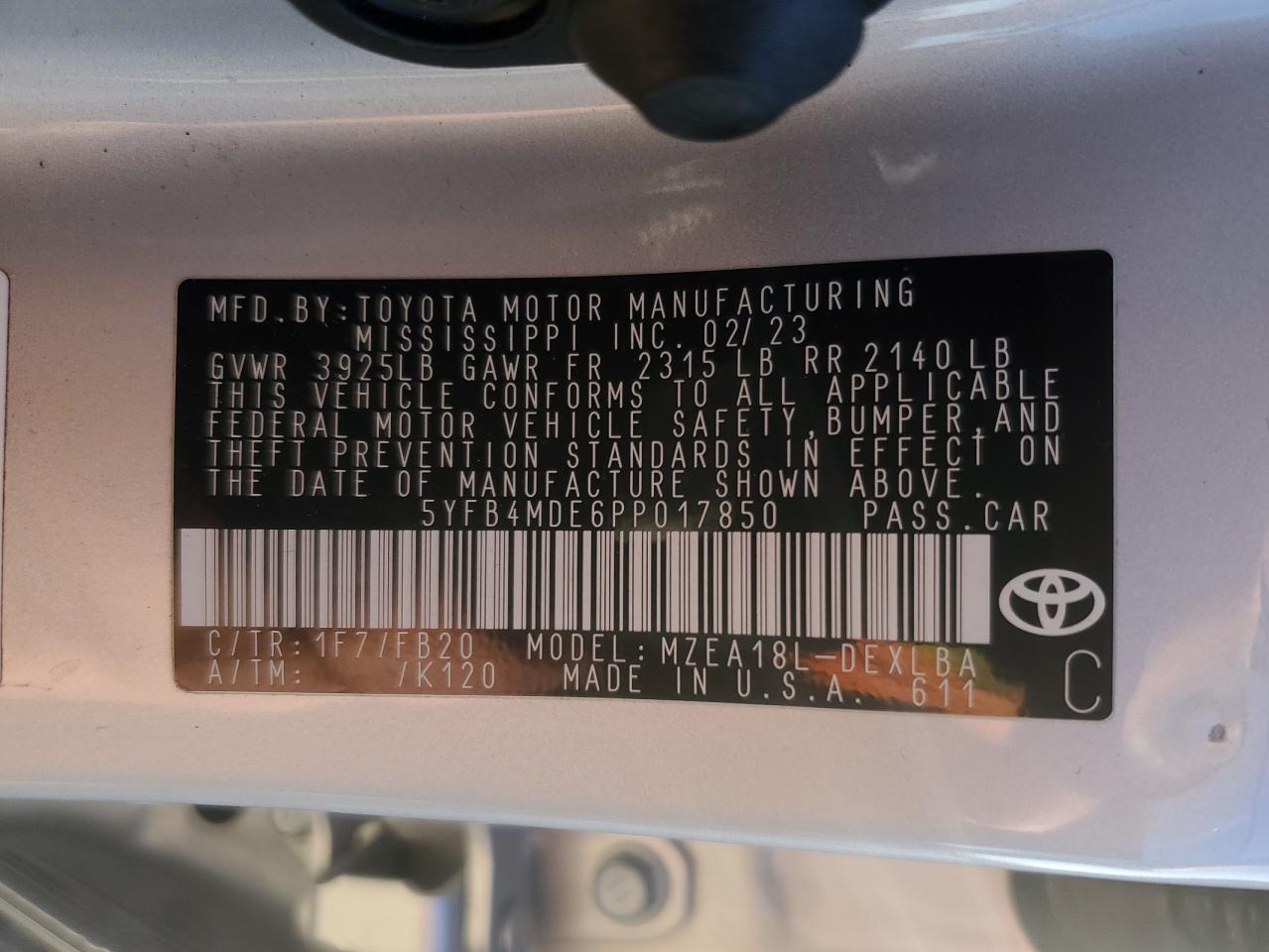 2023 Toyota Corolla VIN 5YFB4MDE6PP017850 Copart auction photo, rear end / side damage thumbnail 14