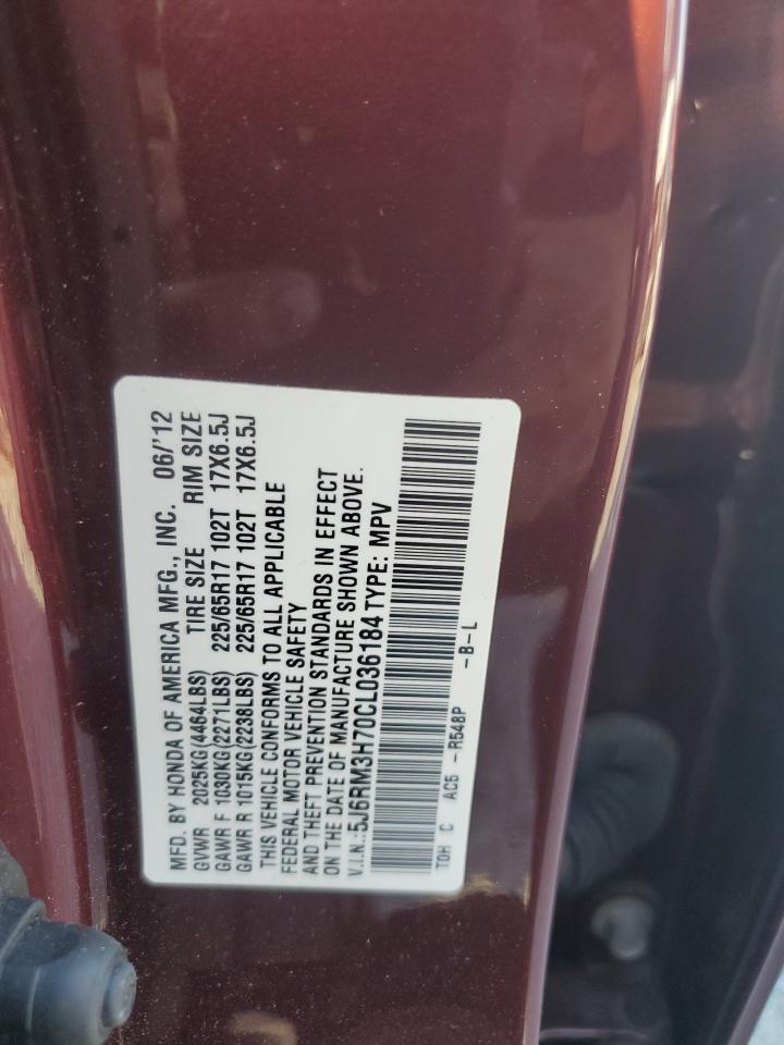 2012 Honda CR-V VIN 5J6RM3H70CL036184 Copart auction photo, side damage thumbnail 14