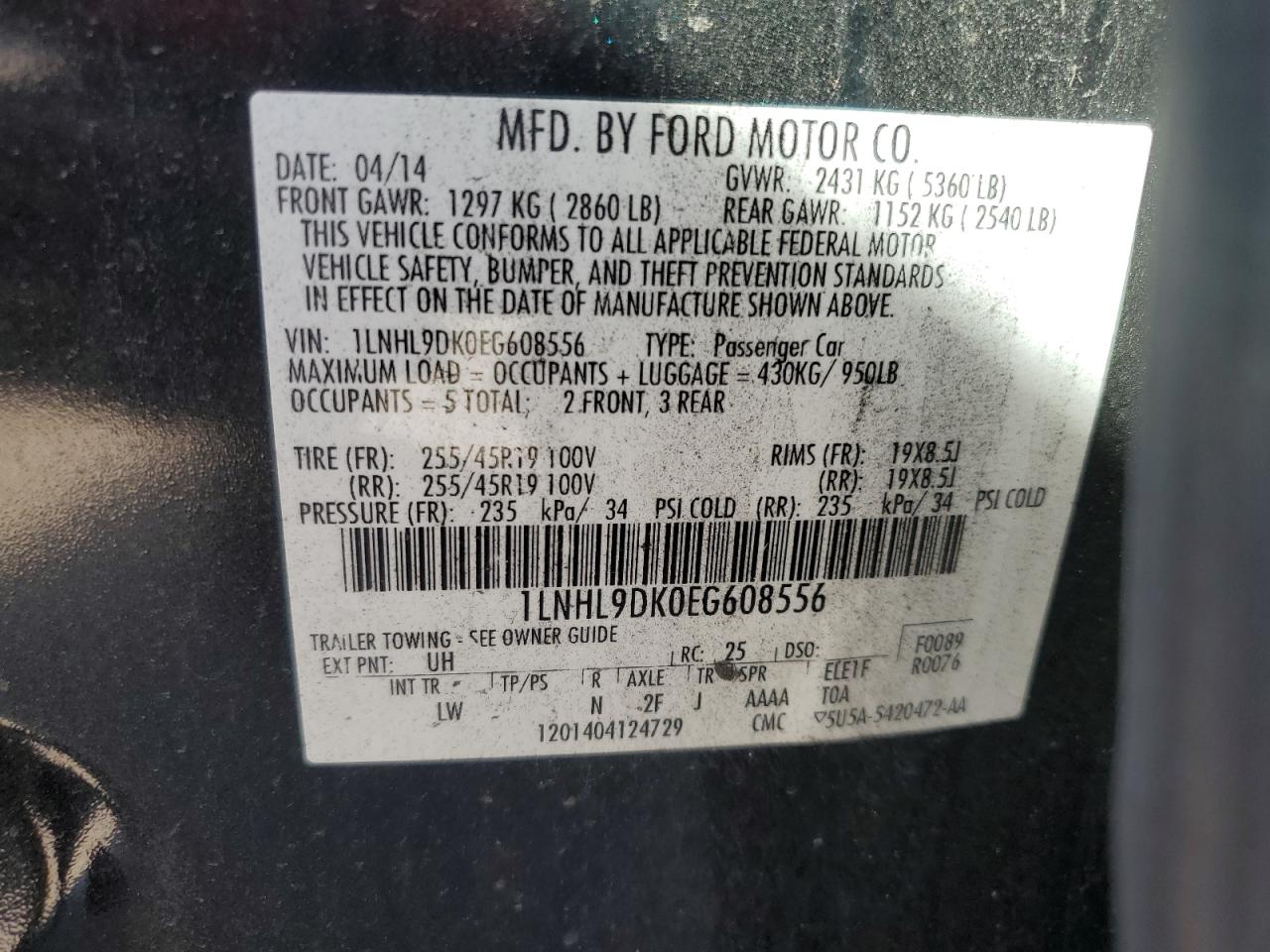 2014 Lincoln MKS VIN 1LNHL9DK0EG608556 Copart auction photo, rear end damage thumbnail 13