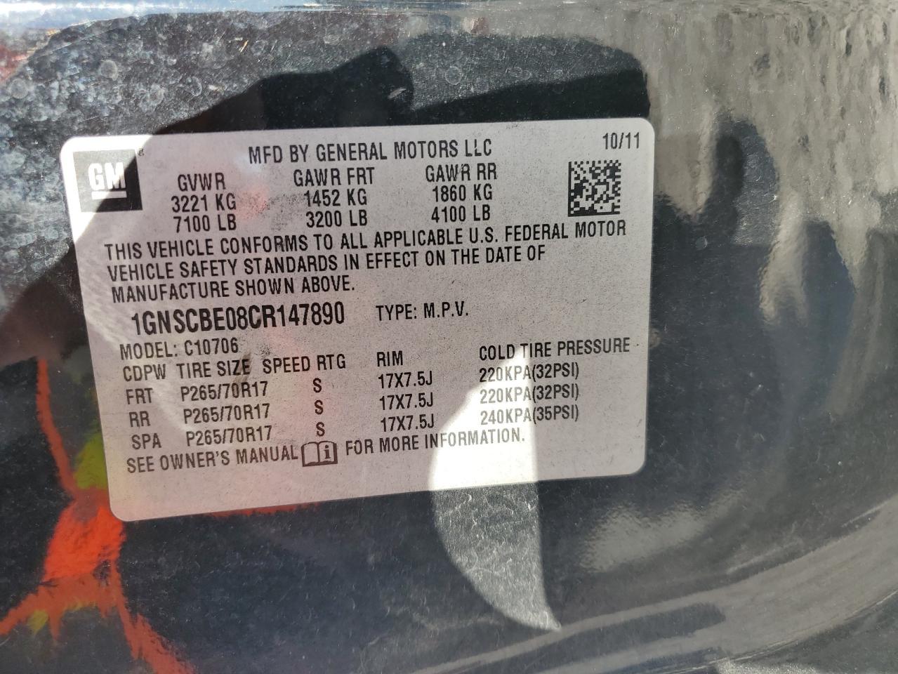 2012 Chevrolet Tahoe VIN 1GNSCBE08CR147890 Copart auction photo, front end damage thumbnail 14