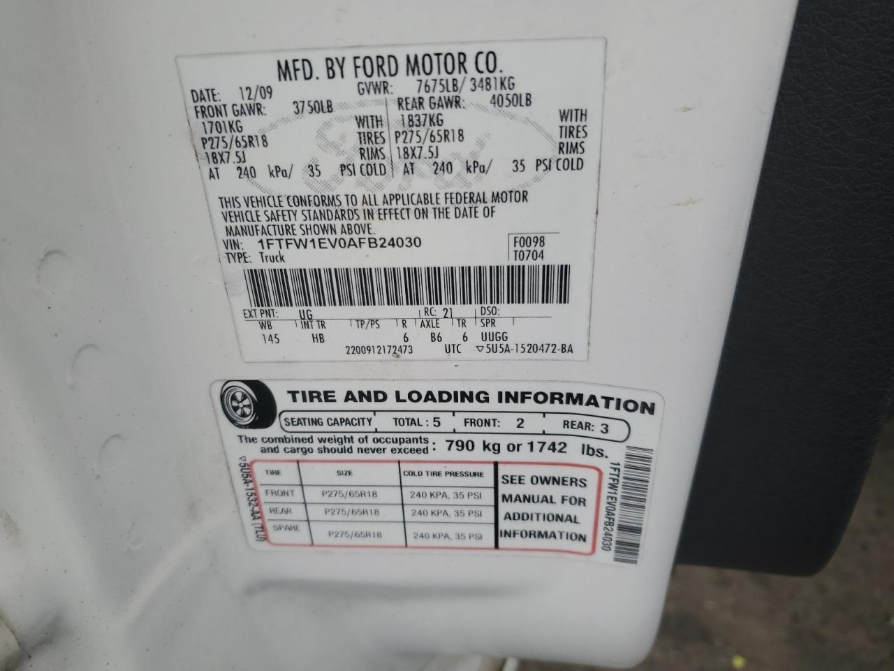 2010 Ford F-150 VIN 1FTFW1EV0AFB24030 Copart auction photo, front end damage thumbnail 12