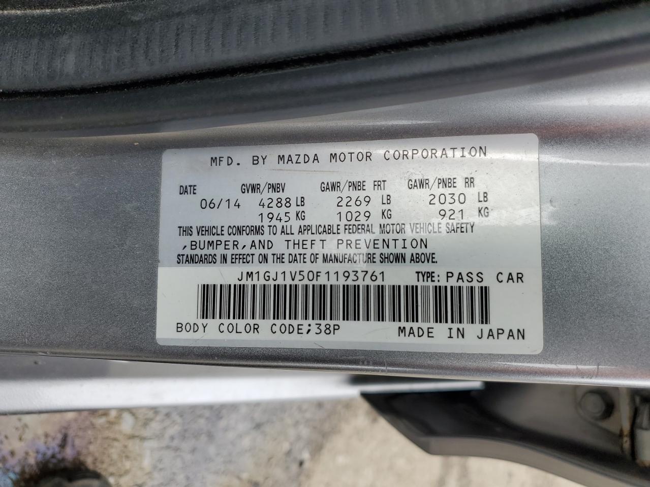 2015 Mazda 6 VIN JM1GJ1V50F1193761 Copart auction photo, front end damage thumbnail 12