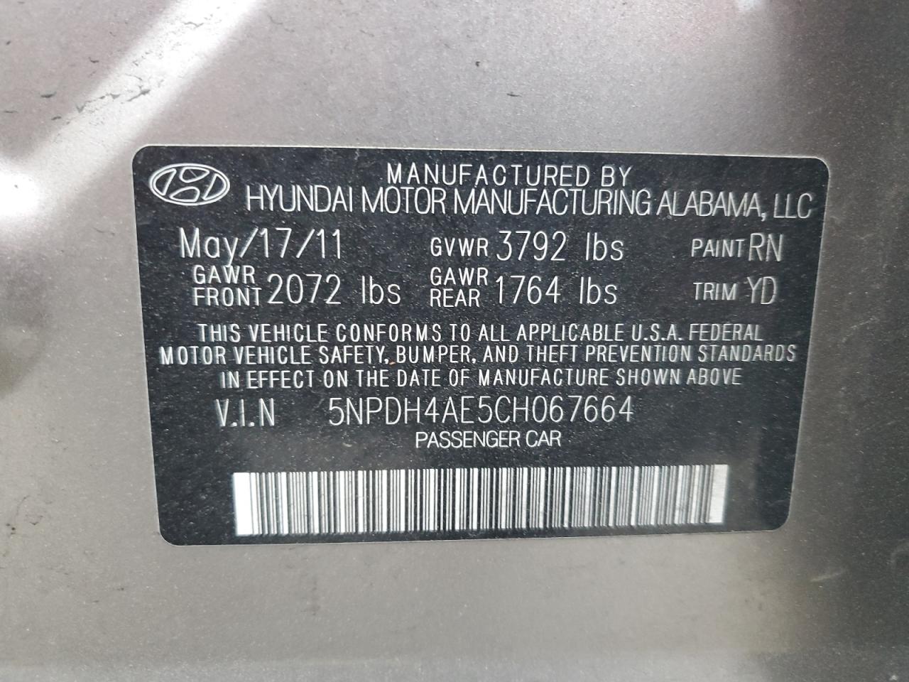 2012 Hyundai Elantra VIN 5NPDH4AE5CH067664 Copart auction photo, front end damage thumbnail 12