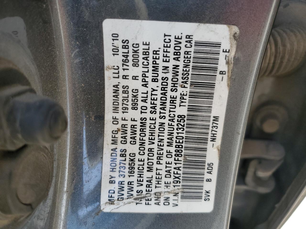 2011 Honda Civic VIN 19XFA1F88BE013258 Copart auction photo, front end / mechanical damage thumbnail 15