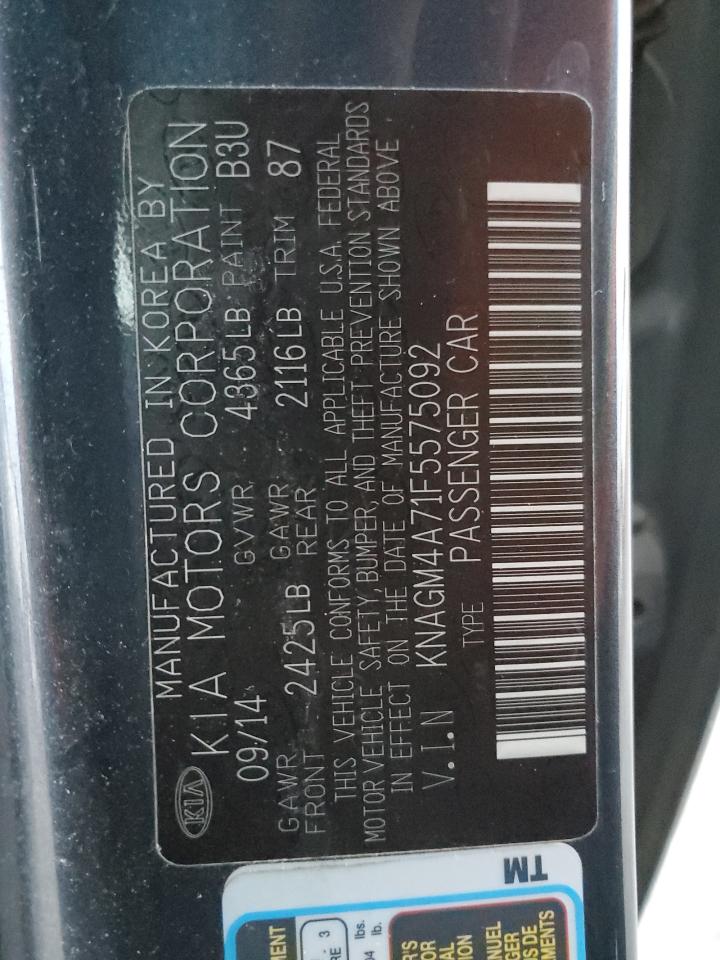 2015 KIA Optima VIN KNAGM4A71F5575092 Copart auction photo, front end damage thumbnail 12