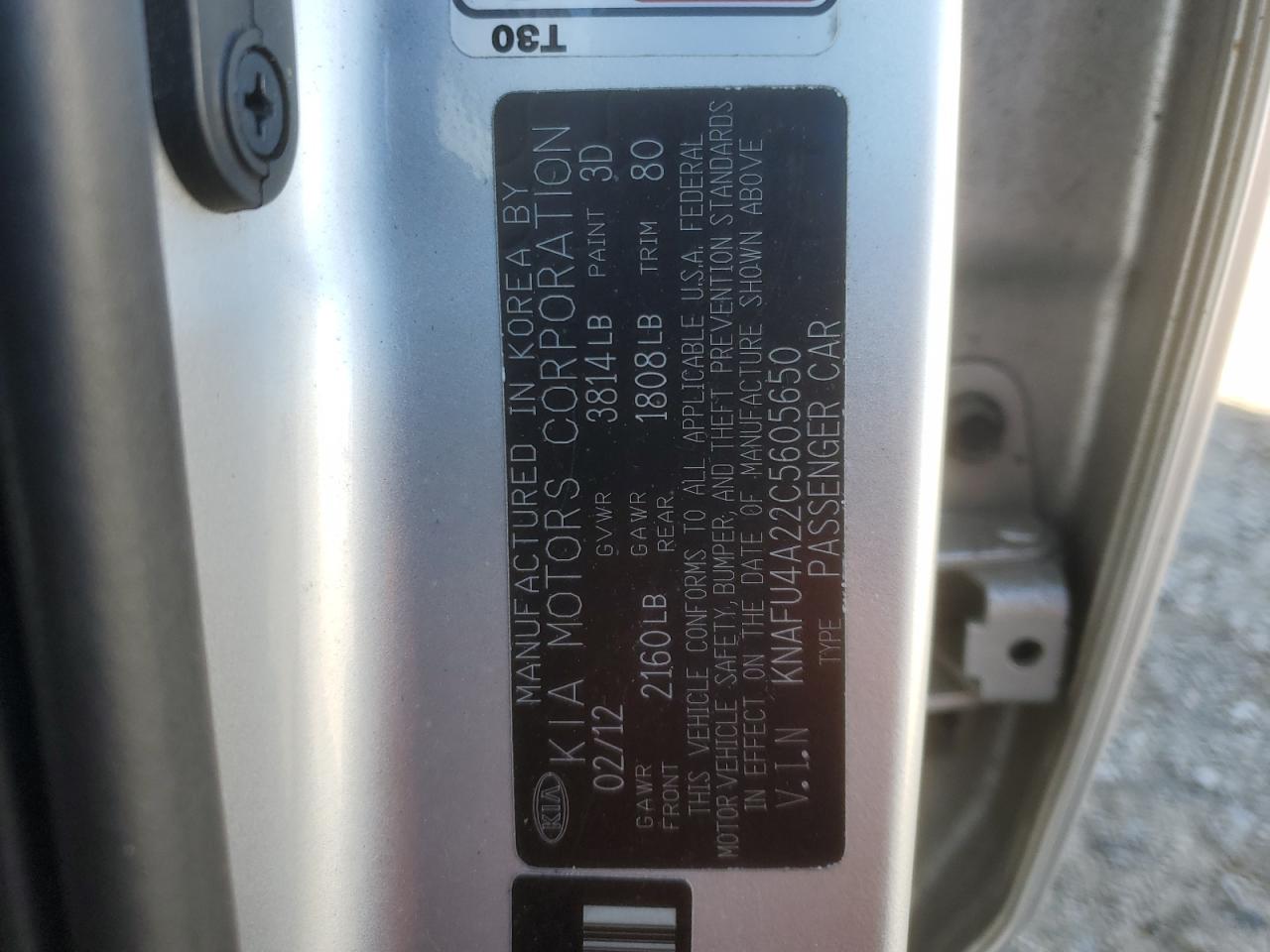 2012 KIA Forte VIN KNAFU4A22C5605650 Copart auction photo, minor dent/scratches damage thumbnail 12