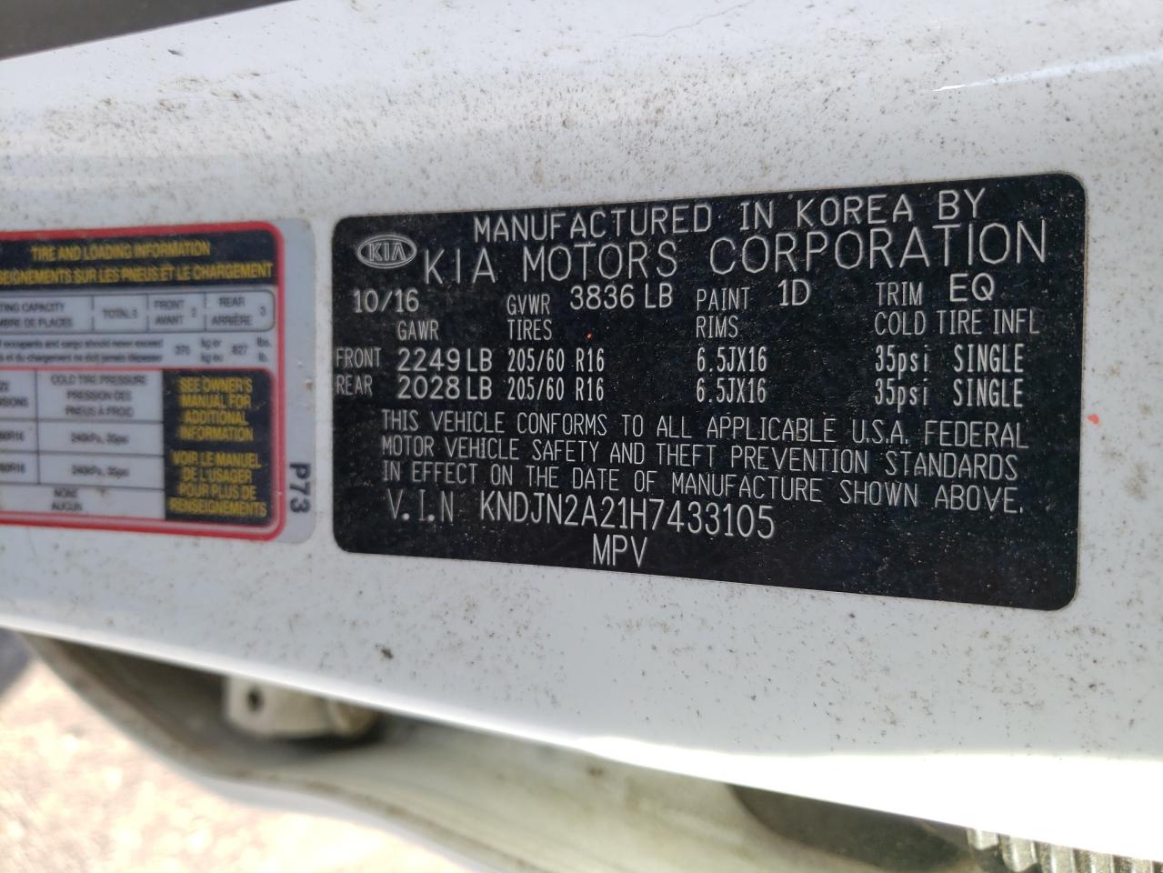 2017 KIA Soul VIN KNDJN2A21H7433105 Copart auction photo, front end damage thumbnail 14