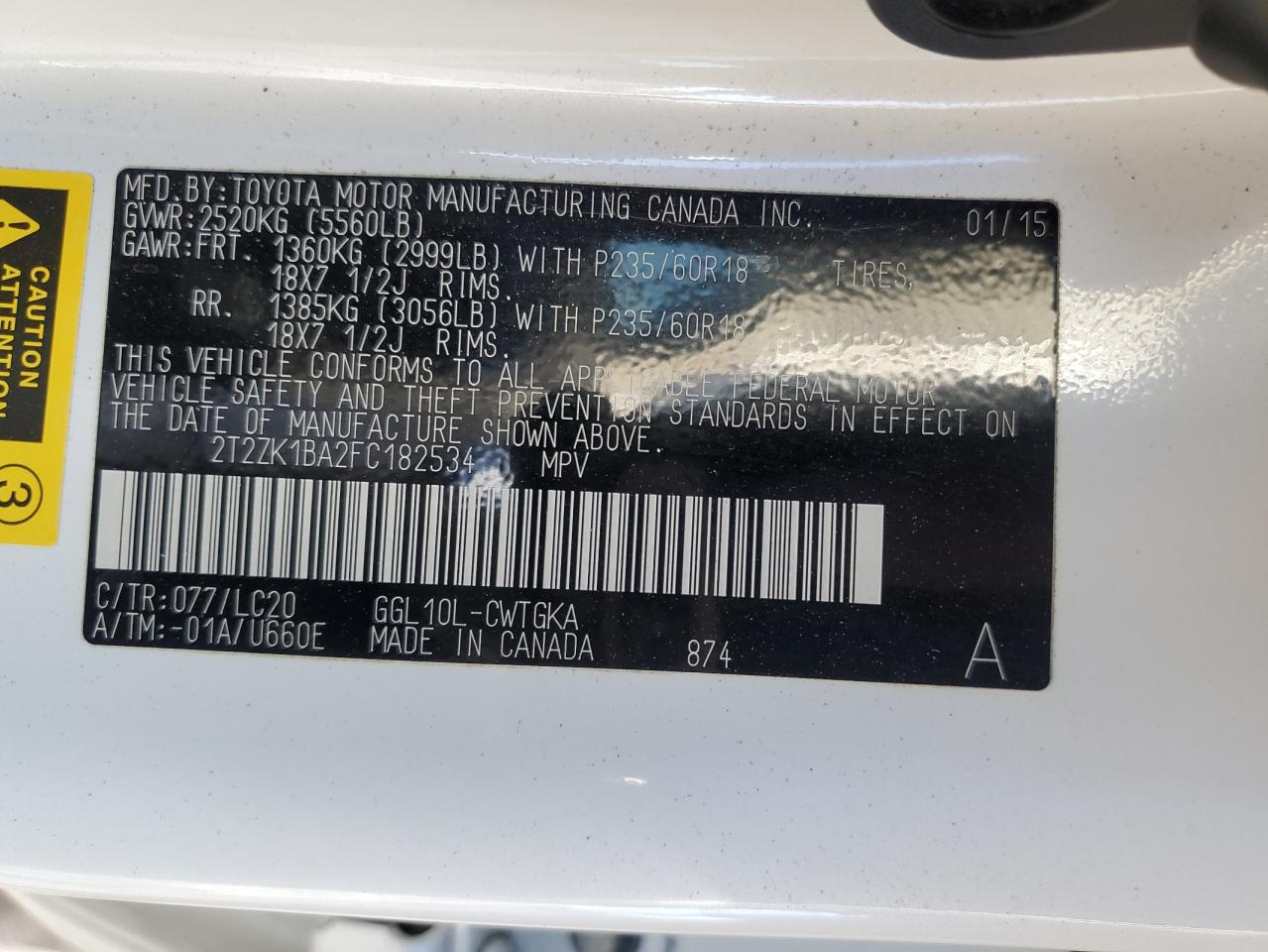 2015 Lexus RX VIN 2T2ZK1BA2FC182534 Copart auction photo, front end / minor dent/scratches damage thumbnail 14