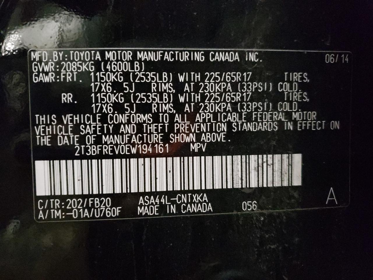 2014 Toyota RAV 4 VIN 2T3BFREV0EW194161 Copart auction photo, rear end / minor dent/scratches damage thumbnail 13