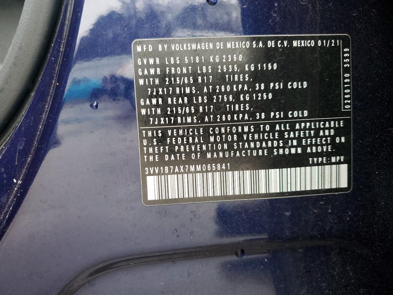 2021 Volkswagen Tiguan VIN 3VV1B7AX7MM065841 Copart auction photo, rear end damage thumbnail 14