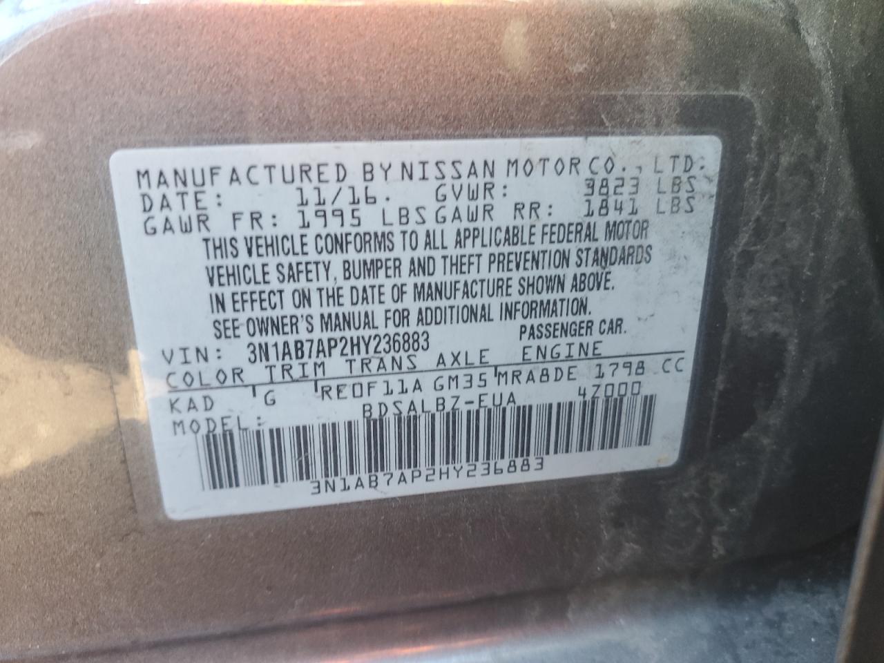2017 Nissan Sentra VIN 3N1AB7AP2HY236883 Copart auction photo, front end / rear end damage thumbnail 13