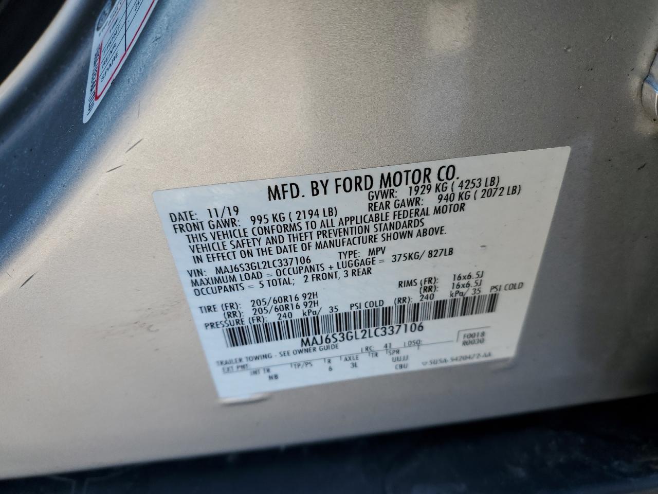 2020 Ford EcoSport VIN MAJ6S3GL2LC337106 Copart auction photo, front end / minor dent/scratches damage thumbnail 14
