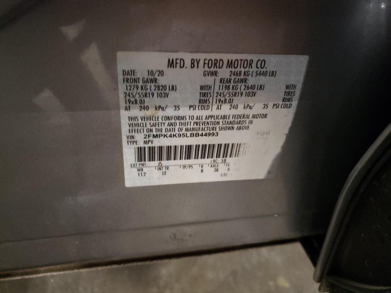 2020 Ford Edge VIN 2FMPK4K95LBB44993 Copart auction photo, front end / side damage thumbnail 13