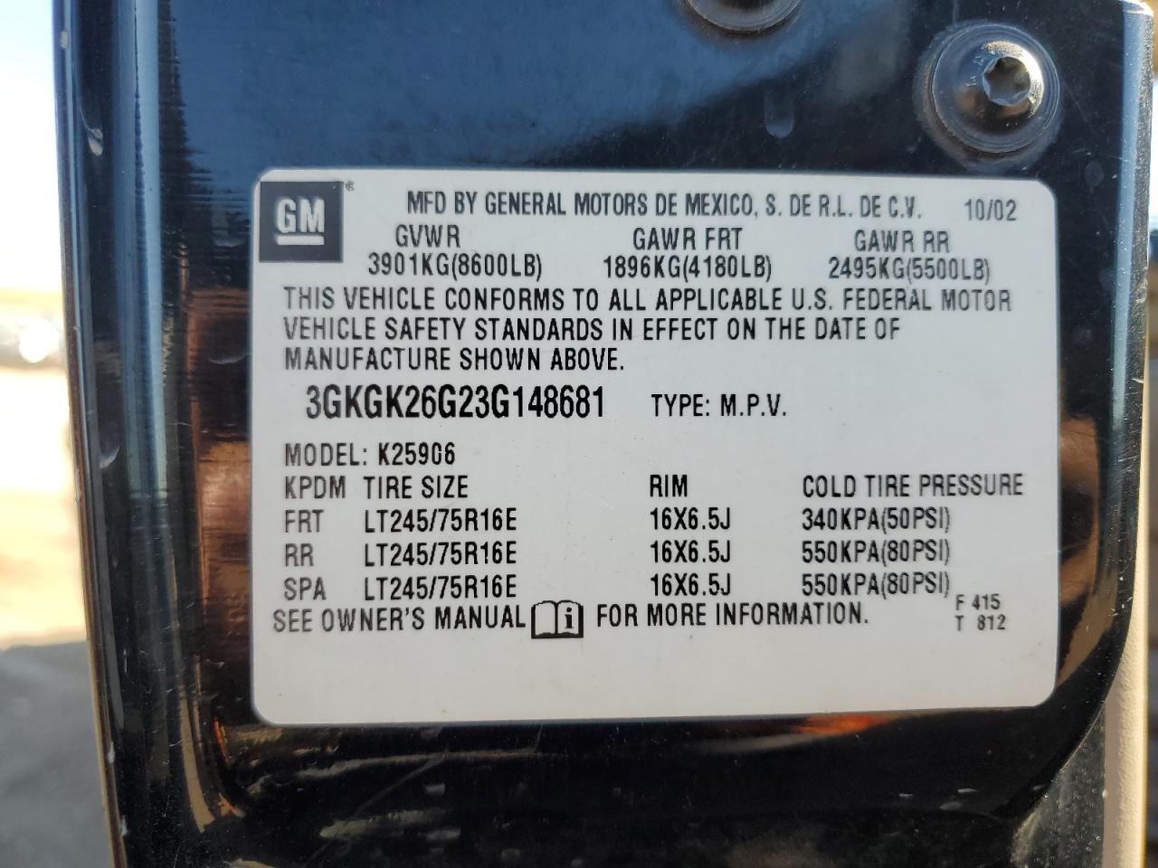 2003 GMC Yukon VIN 3GKGK26G23G148681 Copart auction photo, vandalism / front end damage thumbnail 15