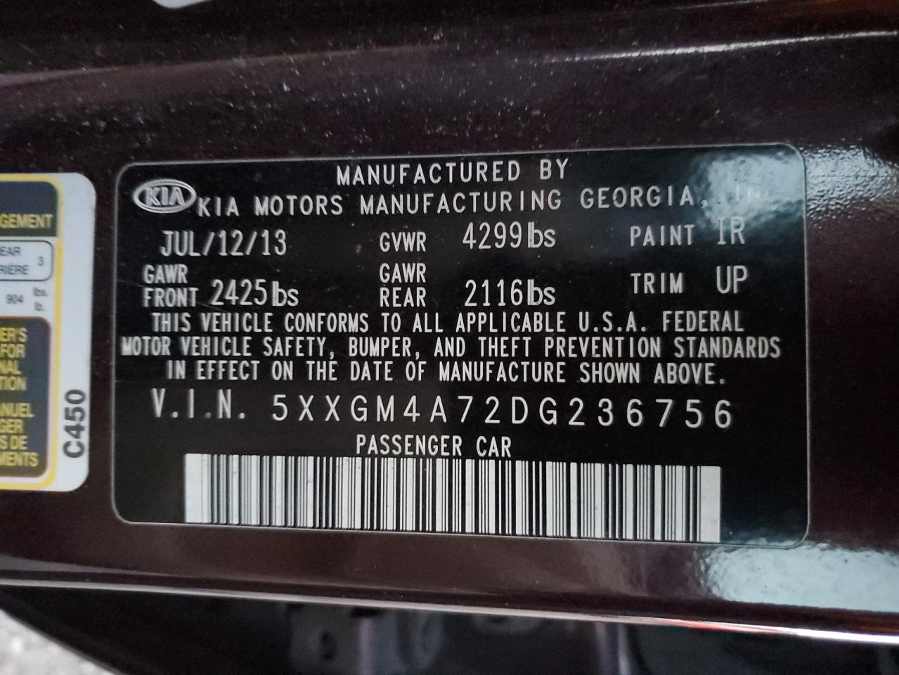 2013 KIA Optima VIN 5XXGM4A72DG236756 Copart auction photo, all over / undercarriage damage thumbnail 14