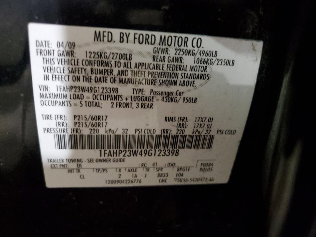 2009 Ford Taurus VIN 1FAHP23W49G123398 Copart auction photo, front end / minor dent/scratches damage thumbnail 12