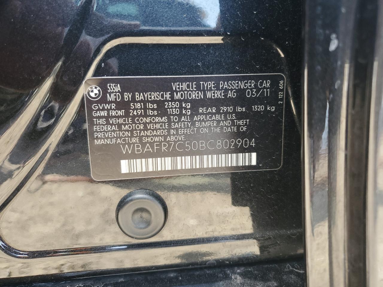 2011 BMW 5er VIN WBAFR7C50BC802904 Copart auction photo, side damage thumbnail 12
