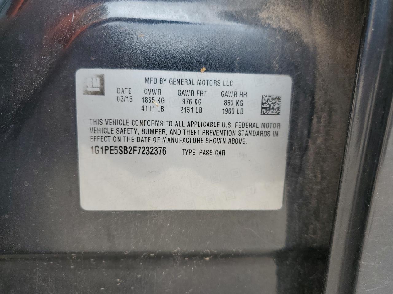 2015 Chevrolet Cruze VIN 1G1PE5SB2F7232376 Copart auction photo, side / minor dent/scratches damage thumbnail 15