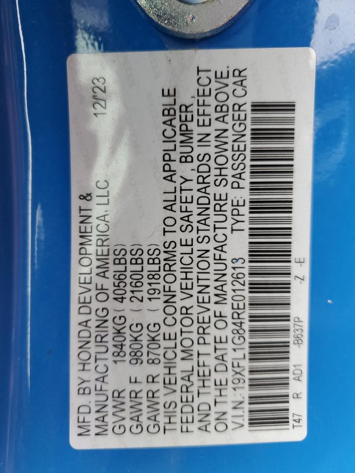 2024 Honda Civic VIN 19XFL1G84RE012613 Copart auction photo, front end / side damage thumbnail 14
